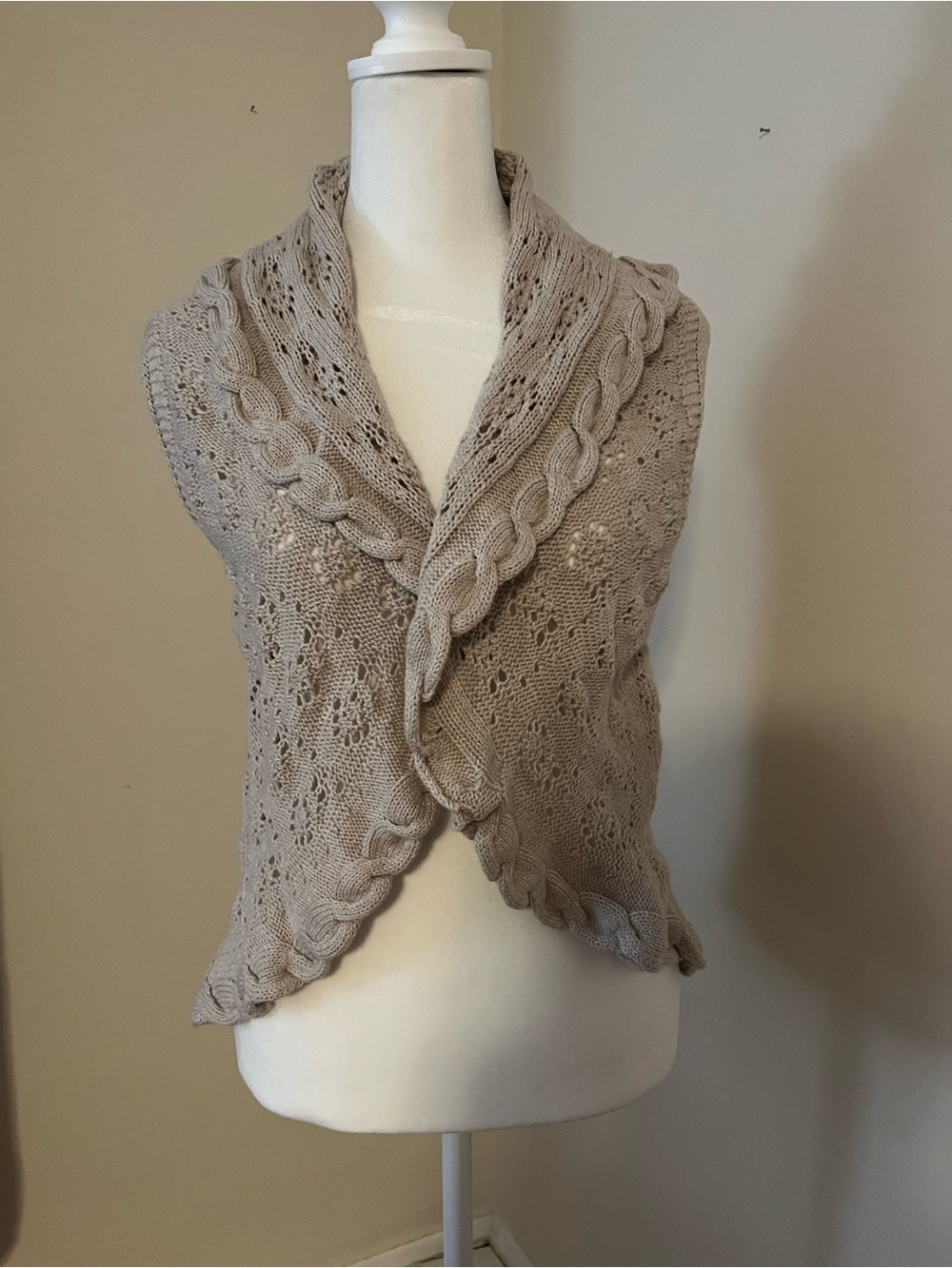 Tribal Taupe Cable-Knit Shawl-Collar Sweater Vest